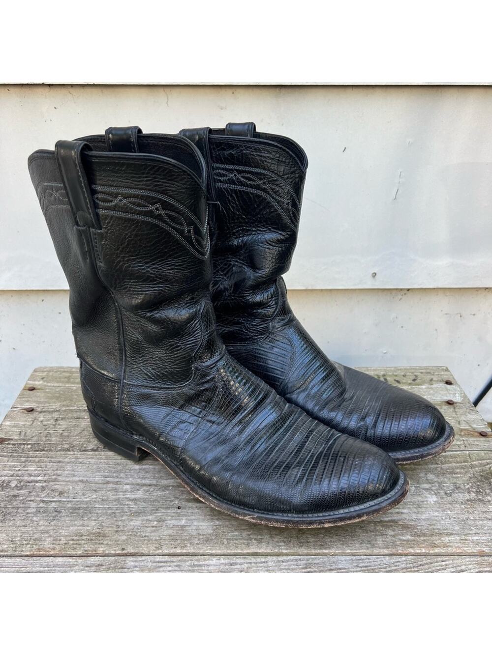vintage Justin Boots Black Roper Round Toe Iguana Cowboy Western Boots 10D